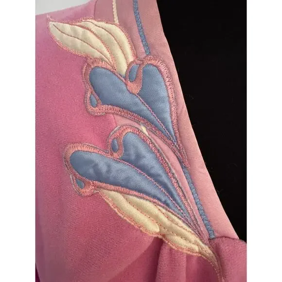 Vanity Fair Long PINK White Blue Applique robe House Zip Large pockets vintage - Picture 5 of 14
